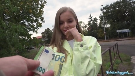 Slutty blonde is pleasing a fat cock public agent for money outdoors