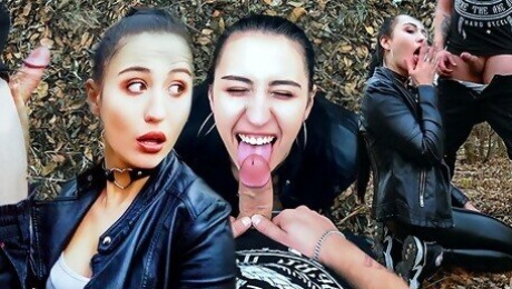 Outdoor Blowjob and Facefuck with a Massive Facial for Ponytail Brunette in Leather Suite